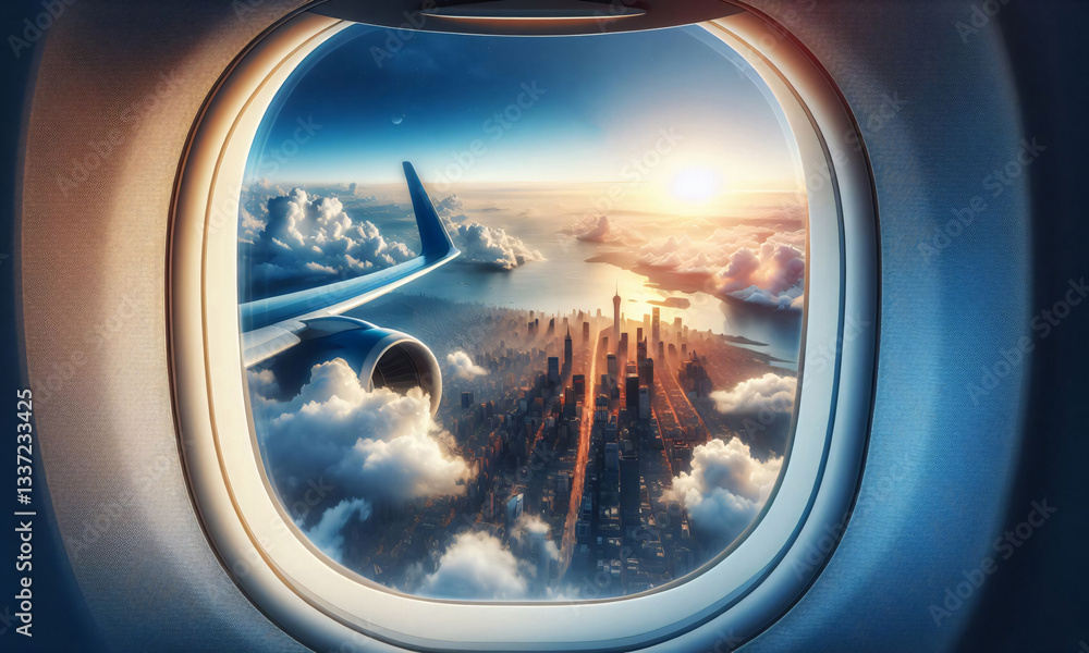 Naklejka premium Reise-Konzept für Flugreisen, Blick aus dem Fenster über den Wolken