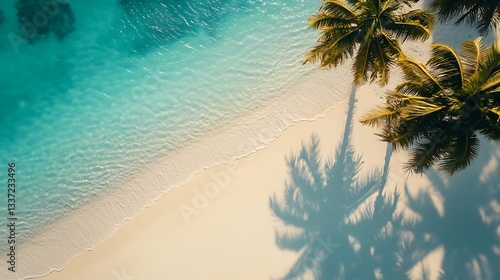 A tranquil beach with white sand, turquoise water, and palm trees swaying in the breeze