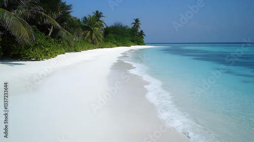 A tranquil beach with white sand, turquoise water, and palm trees swaying in the breeze