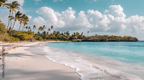 A tranquil beach with white sand, turquoise water, and palm trees swaying in the breeze