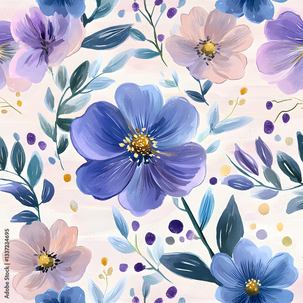 Vibrant Purple and Blue Flowers Bloom Beautifully in Watercolor Style, Creating a Stunning Floral Pattern Seamlessly