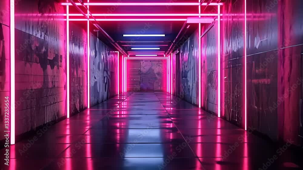 Neon-lit corridor with graffiti Neon-lit corridor with graffiti