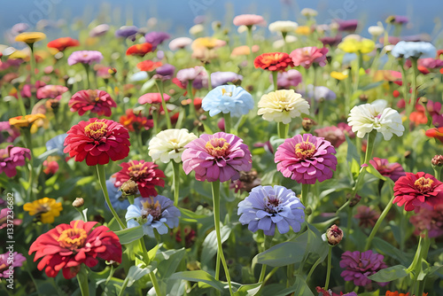 colorful flowers in the garden, Lush Field Of Colorful Zinnias In Full Bloom