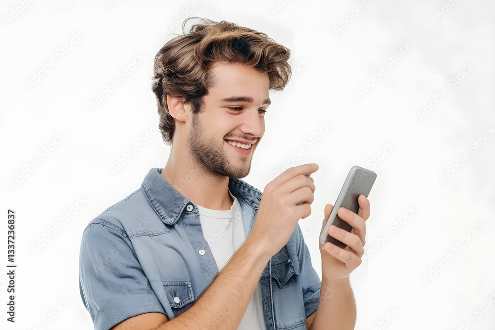 Happy caucasian young man using smart phone cellphone for call, social media, mobile application online isolated in white background Happy caucasian young man using smart phone cellphone for call, social media, mobile application online isolated in white background