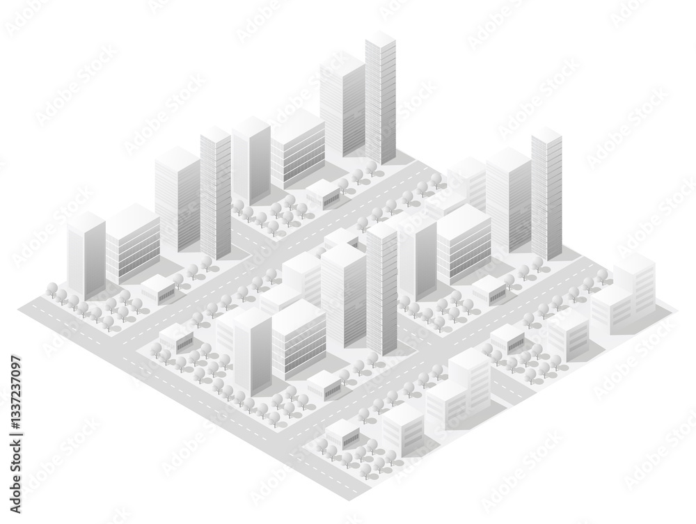 Modern city center with skyscrapers and office buildings in isometric view Modern city center with skyscrapers and office buildings in isometric view