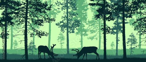 Beautiful flat vector forest landscape with deer in green colors.