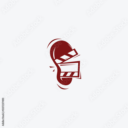 Unique clapperboard logo design breaking into an ear, perfect for film, audio, and entertainment industries. Ideal for microstock buyers seeking creative, bold visuals.
