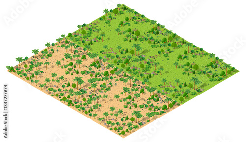 Deforestation converting green landscape into desert in isometric view