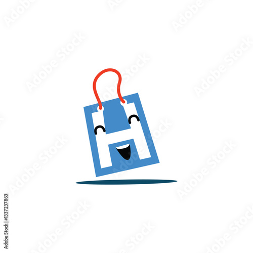 Happy shopping mascot logo: Cute letter 'H' with a big smile, perfect for retail brands, eco-friendly packaging, and promotional designs. Cartoon-style, vector, versatile.