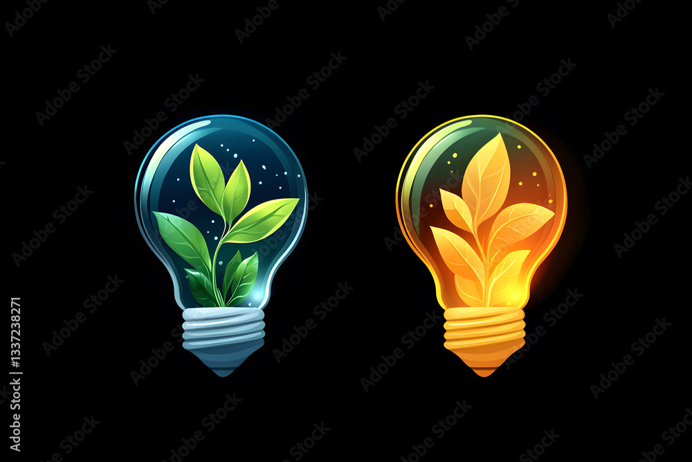 Plants Growing Inside Light Bulbs: A Symbol of Sustainable Energy and Eco-Friendly Ideas for a Brighter Future, Illuminating Green Initiatives Globally.