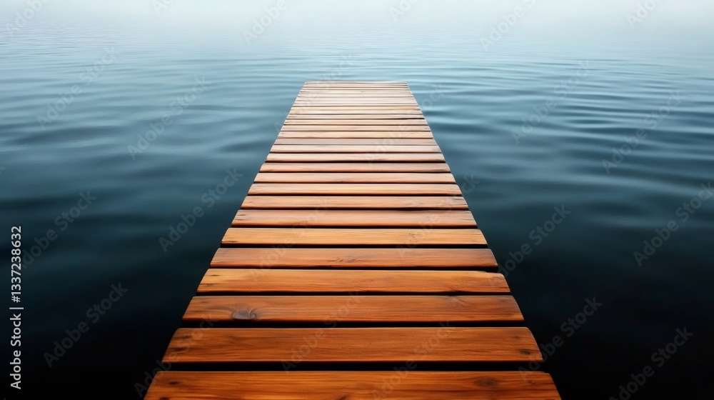 Fototapeta premium Wooden footbridge leading into a calm lake on a foggy day