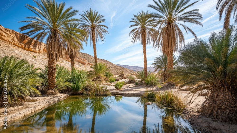 A tranquil oasis surrounded by palm trees and desert landscape under sky A tranquil oasis surrounded by palm trees and desert landscape under sky