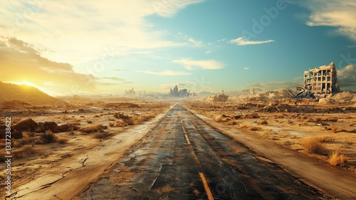 An empty road leads through a vast desert wasteland to a distant, crumbling metropolis. A post-apocalyptic landscape symbolizing a journey through a ruined world under a hot, hazy sky