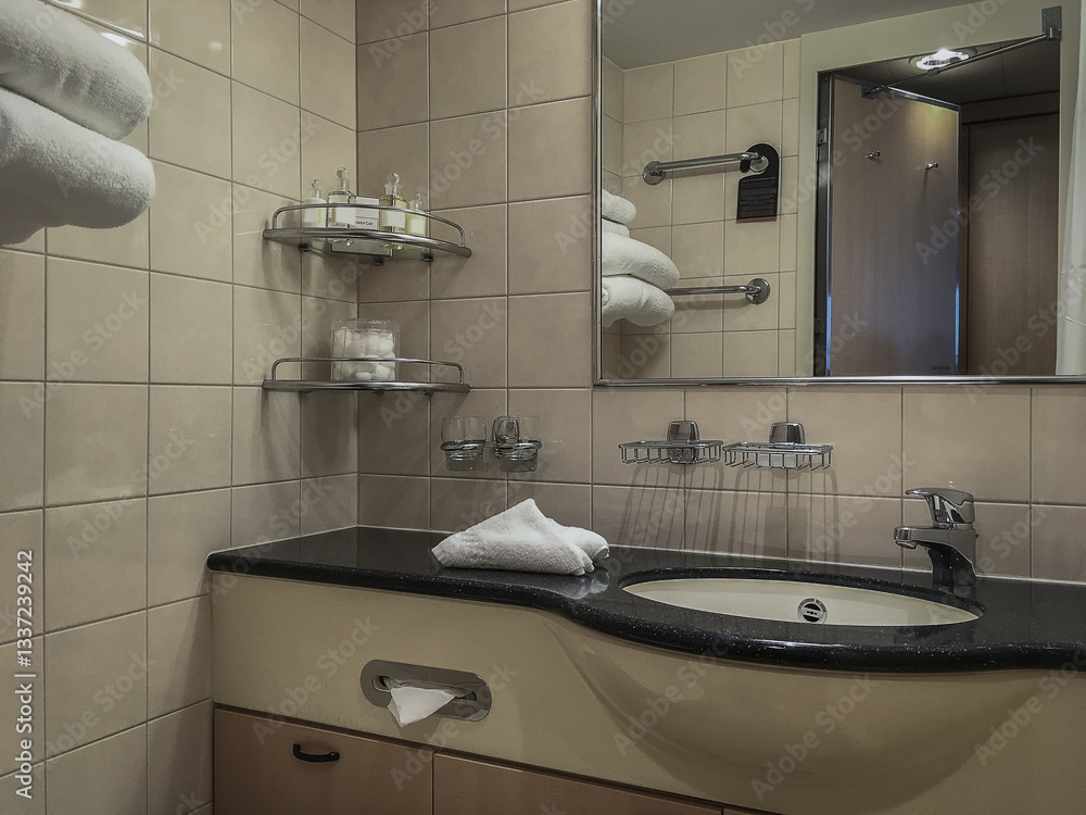 Classic design bathroom with sink, shower, towels and mirror and mosaic tiles in cabin or stateroom on luxury cruise ship cruiseship liner
