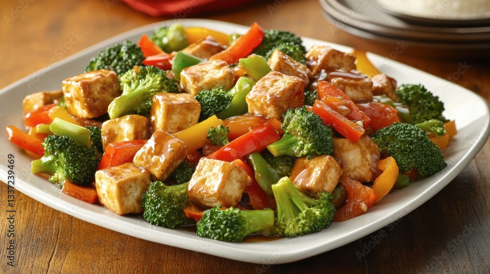 A delicious vegetable stir-fry with tofu, broccoli, and bell peppers, styled with vibrant A delicious vegetable stir-fry with tofu, broccoli, and bell peppers, styled with vibrant