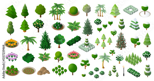 Collection of isometric trees and plants for landscaping and garden design