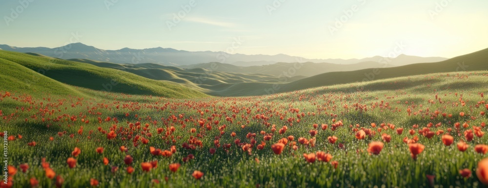 Fototapeta premium Red poppy flower field landscape poppies flowers mountains.