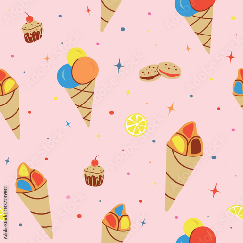Seamless pattern with ice cream, star. flat children's background with dessert, food. graphics for print, holiday, wallpaper, banner, surface textures, fabric. vector art illustration