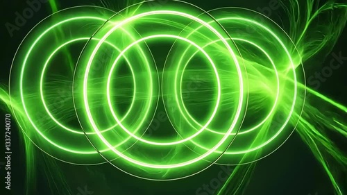 Mesmerizing Display of Glowing Green Circles and Swirling Light Patterns Creates Dynamic and Futuristic Visual Effect with Vibrant Neon Hues and Abstract Design Evoking Sense of Energy and Motion