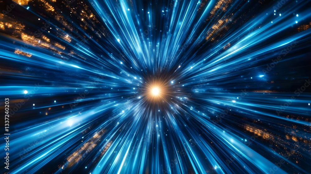 Fototapeta premium Dynamic image of blue light streaks radiating from a central point creating an impression of high-speed movement or hyperspace travel