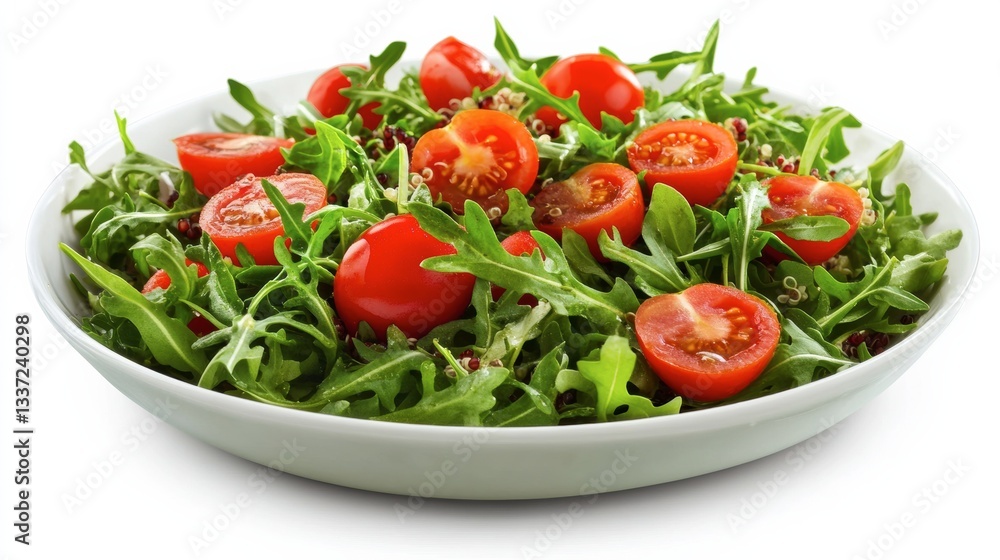 A fresh green salad with arugula, quinoa, and cherry tomatoes, styled with bright, clean colors A fresh green salad with arugula, quinoa, and cherry tomatoes, styled with bright, clean colors