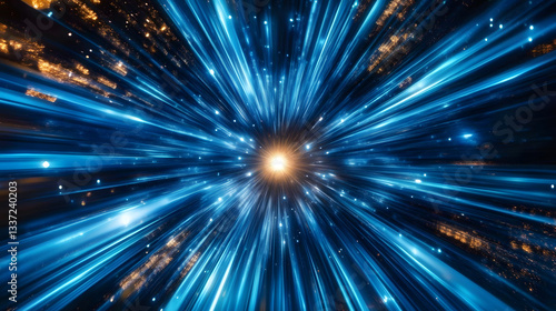 Dynamic image of blue light streaks radiating from a central point creating an impression of high-speed movement or hyperspace travel