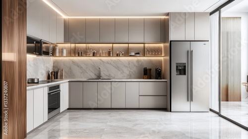 Modern, minimalist kitchen with marble accents