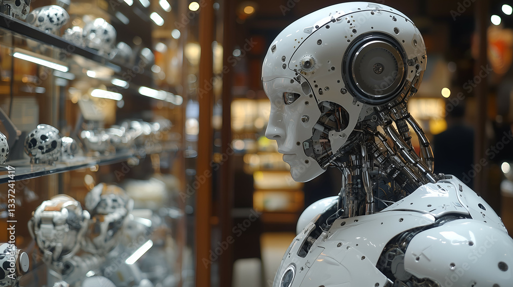 Fototapeta premium Futuristic Android Display: High-Tech Robotic Innovation in Modern Museum Exhibition