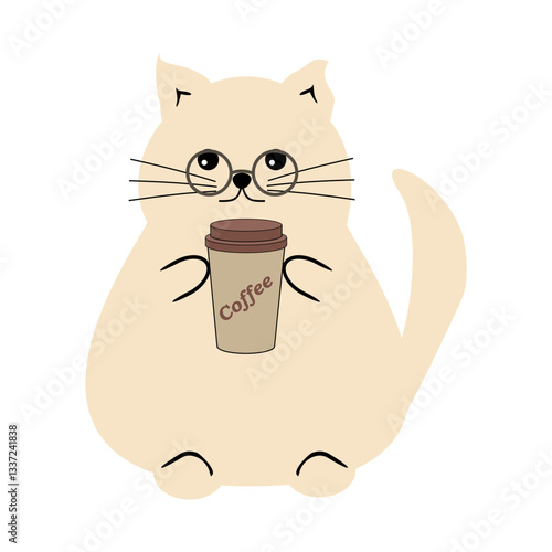 Nice funny fat cat with paper cup of coffee on white background vector illustration 