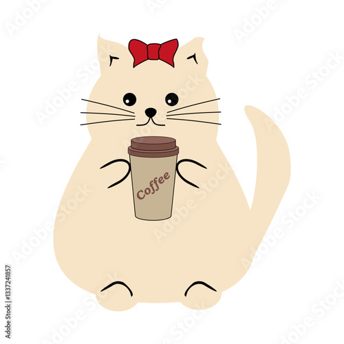 Nice funny fat cat with paper cup of coffee on white background vector illustration 