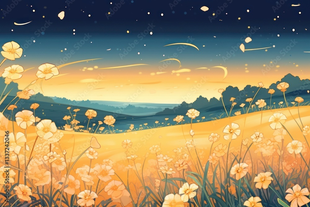 Fototapeta premium Illustration yellow wildflower field landscape backgrounds grassland.