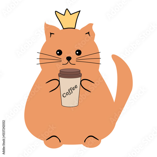 Nice funny fat cat with paper cup of coffee on white background vector illustration 