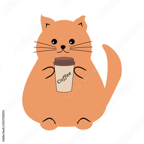 Nice funny fat cat with paper cup of coffee on white background vector illustration 