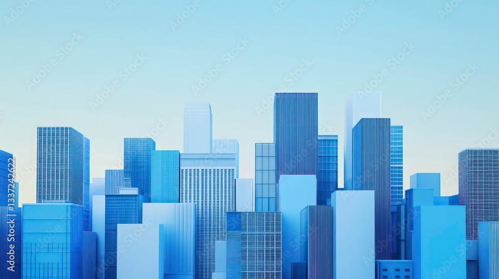 wide city facade with blue color different geometric shape buildings in white background and open sky wide city facade with blue color different geometric shape buildings in white background and open sky