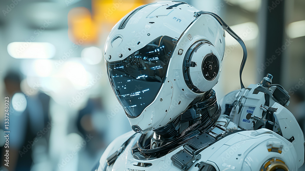 Futuristic Human-Like Robot in Metallic Helmet - Advanced Cybernetics and Artificial Intelligence Design Futuristic Human-Like Robot in Metallic Helmet - Advanced Cybernetics and Artificial Intelligence Design