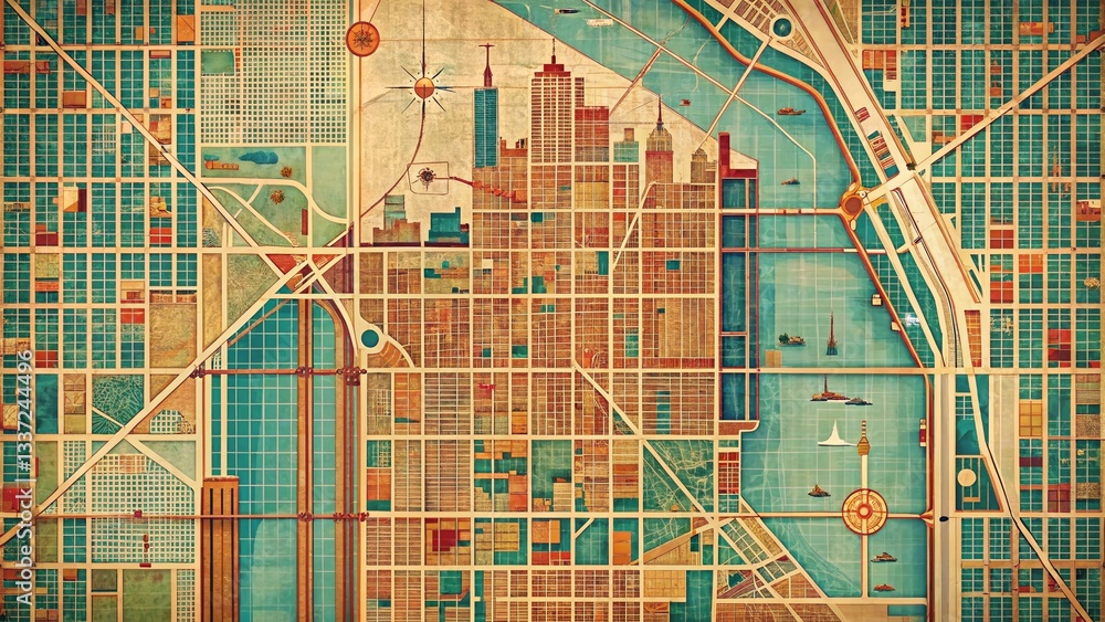 Fototapeta premium Panoramic Retro Chicago Street Map: Vintage Illinois City Guide