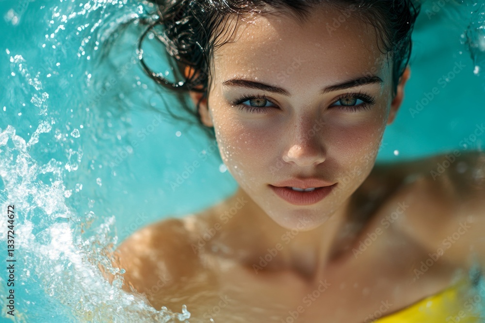 Lovely happy and sexy young woman with gorgeous thick short black hair in yellow strapless bandeau enjoying turquoise sea, splashes around her. Bright Ñommercial style. Happy tropical trip. Lovely happy and sexy young woman with gorgeous thick short black hair in yellow strapless bandeau enjoying turquoise sea, splashes around her. Bright Ñommercial style. Happy tropical trip.