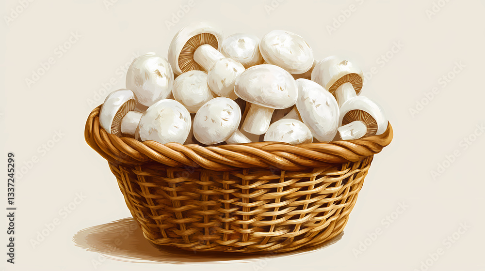 A wicker basket overflowing with white button mushrooms. Interwoven Mushrooms. Illustration A wicker basket overflowing with white button mushrooms. Interwoven Mushrooms. Illustration