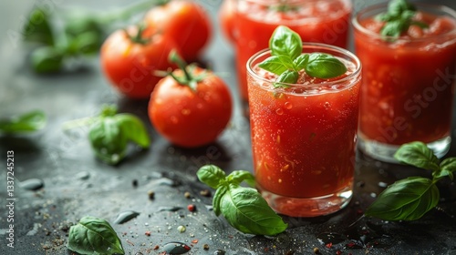 Fresh tomato juice with basil pulp and juicy tomatoes on a dark table. Food background, close up.