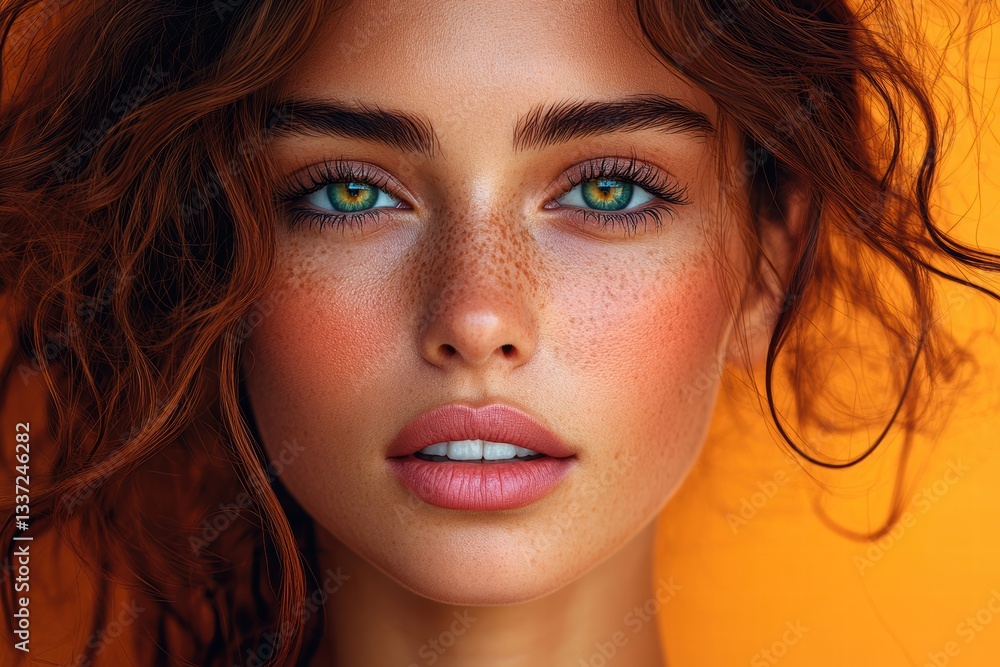 Promotional flyer design featuring an expressive portrait with vibrant orange background Promotional flyer design featuring an expressive portrait with vibrant orange background