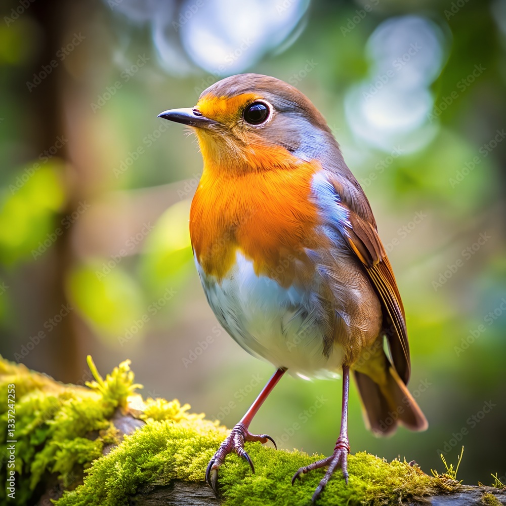 Fototapeta premium Robin Perched: A vibrant robin with its iconic orange breast perches regally on a moss-covered branch, a symbol of spring's arrival and the beauty of the wild.