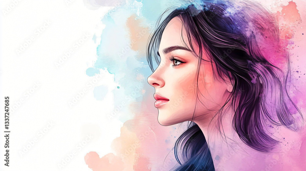 Elegant watercolor illustration of a young woman, perfect for Women's Day promotions, beauty campaigns, and serene lifestyle designs with ample copy space. Elegant watercolor illustration of a young woman, perfect for Women's Day promotions, beauty campaigns, and serene lifestyle designs with ample copy space.