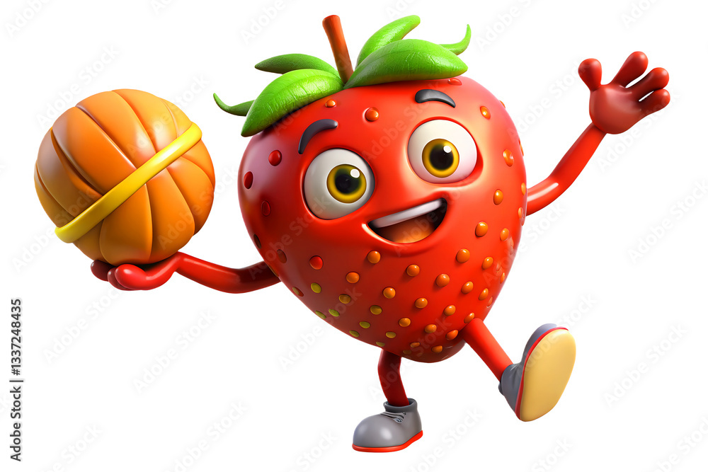 Fototapeta premium A joyful strawberry character playing basketball, jumping mid-air with a bright smile, full of energy, 3d