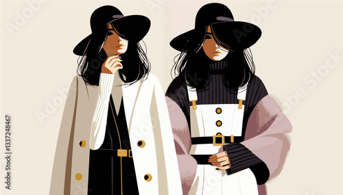Two glamorous fashionable girls. Vector graphics. EPS.