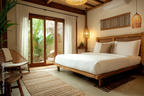 Cozy tropical bedroom with natural wood furniture, woven decor, and soft lighting, featuring an open-air patio with lush greenery for a serene retreat