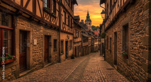 Fototapeta Naklejka Na Ścianę i Meble -  Streets of the ancient town at sunset