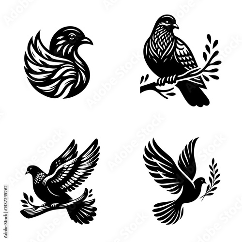 Set of Black and White Birds Vector Illustration with Eagle, Dove, Pigeon, Hawk, and Other Flying Birds