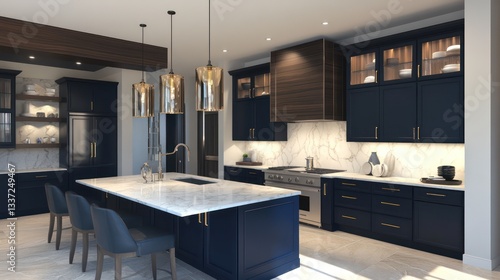 A contemporary take on a traditional kitchen with rich navy blue cabinetry and smooth white marble countertops
