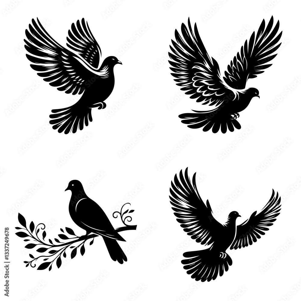 Flying doves and pigeons in different dynamic poses, symbolizing freedom, peace, and nature, perfect for wildlife illustrations, tattoos, and decorative artwork Flying doves and pigeons in different dynamic poses, symbolizing freedom, peace, and nature, perfect for wildlife illustrations, tattoos, and decorative artwork