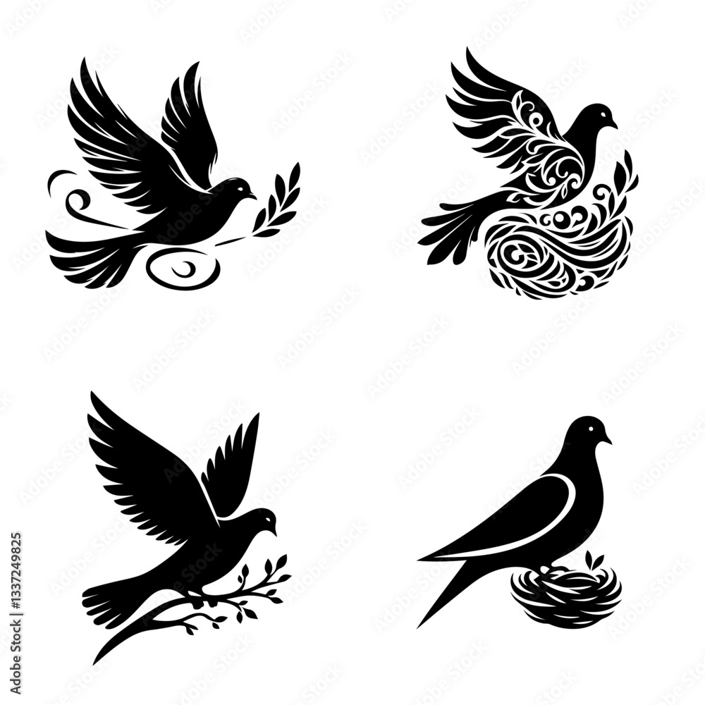 Obraz premium Black and white flying dove and pigeon silhouettes with intricate details, ideal for nature lovers, peaceful themes, religious art, tattoos, and wildlife illustrations